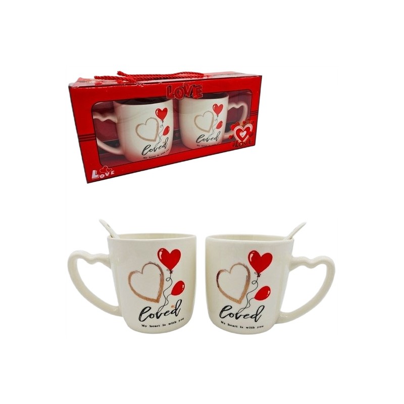 Zestaw KUBKÓW WALENTYNKOWYCH - zestaw 2 szt w pudełku z łyżeczkami 300 ml KB24