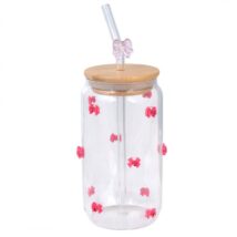 Szklanka, różowe kokardki z cyrkoniami – z rurką i bambusową pokrywką 460 ml – SZK135