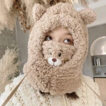 Czapka zimowa pluszowa z uszami misia + komin, 2 w 1 – brązowa CZ34WZ1