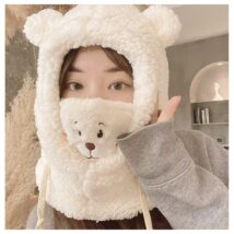 Czapka zimowa pluszowa z uszami misia + komin, 2 w 1 – kremowa CZ34WZ2