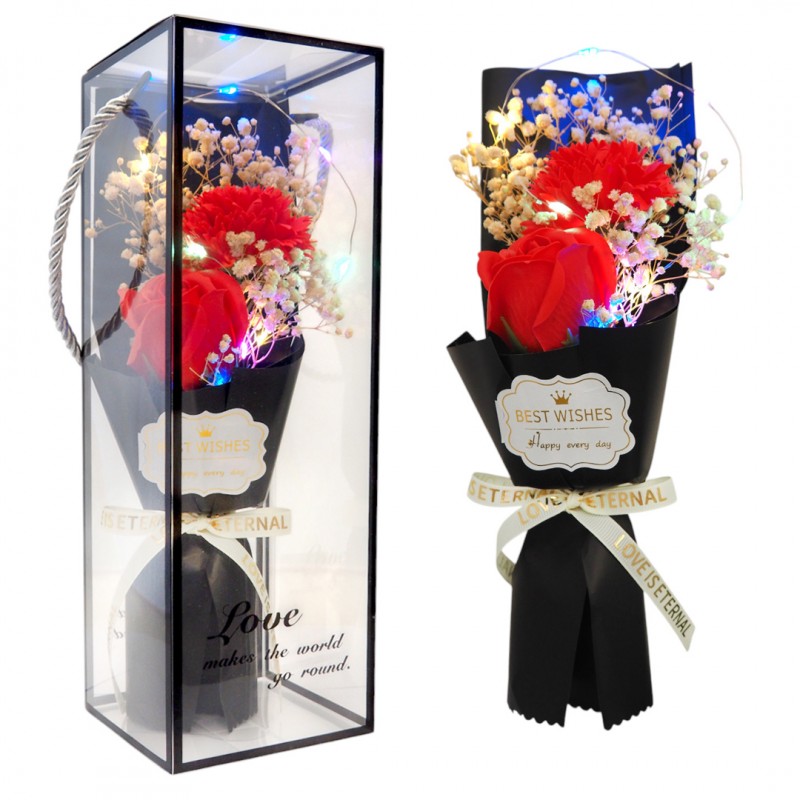 Bukiet zapachowych kwiatów mydlanych w pudełku, róże na prezent, świecące LED ROZ18 - obrazek 3