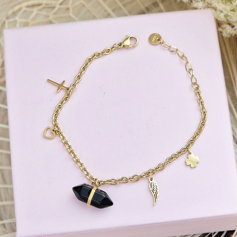 Bransoletka na rękę stal chirurgiczna pozłacana 14k złotem kryształ górski BST1407CZ - obrazek 3