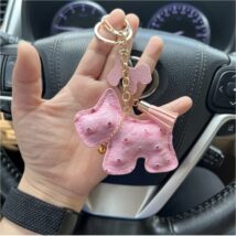 Brelok do kluczy skórzany PIESEK różowy, frędzle BRL355