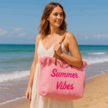 TORBA PLAŻOWA , na zakupy duża i pojemna z frędzlami BOHO, róż TP11R