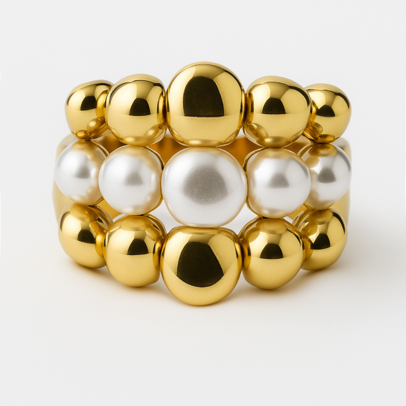 Pierścionek stal chirurgiczna platerowana złotem regulowany PERŁY KULKI PST945