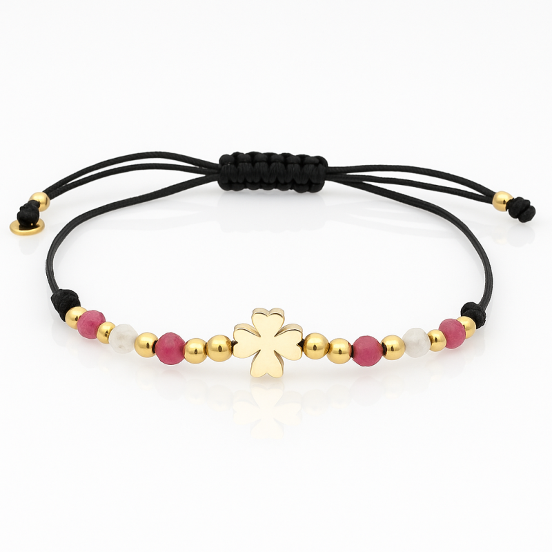 Bransoletka na rękę stal chirurgiczna pozłacana 14k złotem, koniczynka na czarnym sznurku- BST1548 - obrazek 3