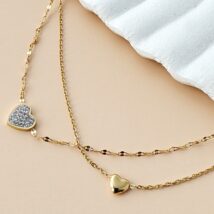 Bransoletka podwójna na rękę stal chirurgiczna pozłacana 14k złotem, serca, cyrkonie – BST1549