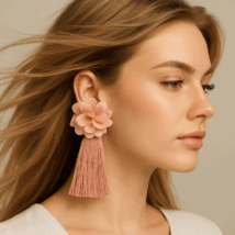 Kolczyki sztyft, tiulowy KWIAT, frędzle róż K884