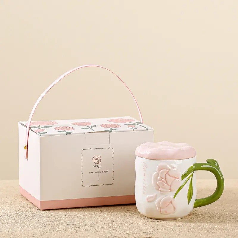 Perłowy Kubek z Pokrywką 450 ml Róże + Pudełko na Prezent KB02R - obrazek 6