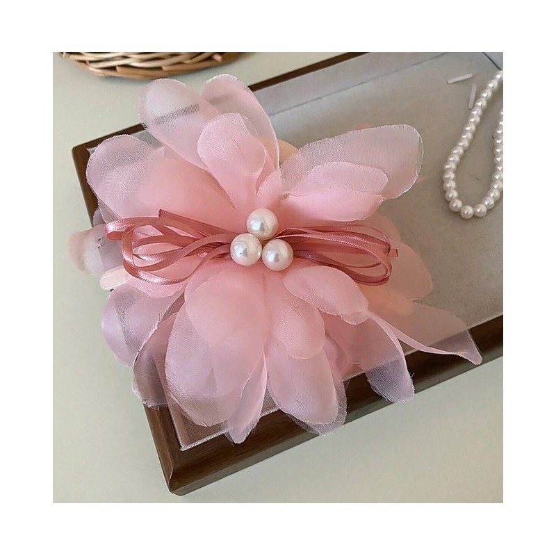 Duża kokarda tiulowa z perełkami, spinka do włosów, klamra SP323R - obrazek 3