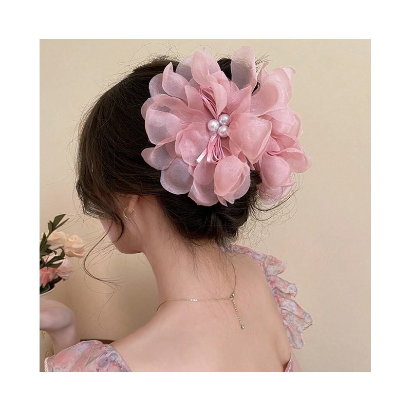 Duża kokarda tiulowa z perełkami, spinka do włosów, klamra SP323R - obrazek 5