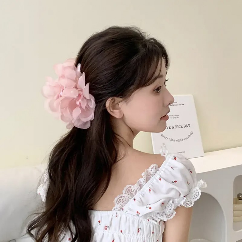 Duża kokarda tiulowa z perełkami, spinka do włosów, klamra SP323R - obrazek 6