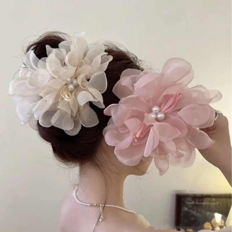 Duża kokarda tiulowa z perełkami, spinka do włosów, klamra SP323R - obrazek 7