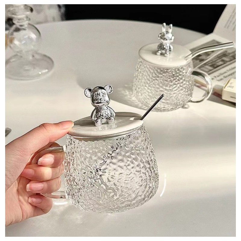 Szklanka młotkowana z uchem z pokrywką i łyżeczką miś do kawy, drinków 1szt 350ml KB05 - obrazek 3