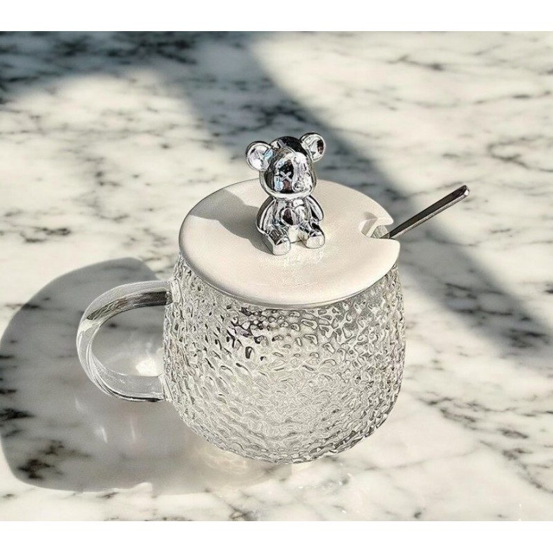 Szklanka młotkowana z uchem z pokrywką i łyżeczką miś do kawy, drinków 1szt 350ml KB05 - obrazek 4