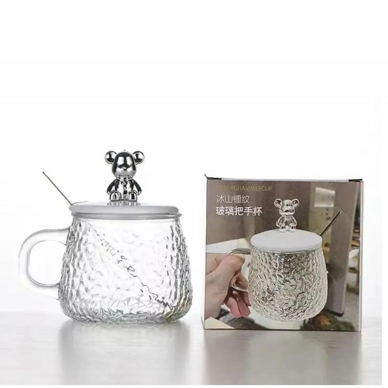 Szklanka młotkowana z uchem z pokrywką i łyżeczką miś do kawy, drinków 1szt 350ml KB05 - obrazek 5