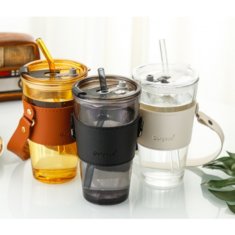 Kubek z kolorowego szkła na Kawę Herbatę ze słomką i zamknięciem 450 ML CUP09BR - obrazek 5