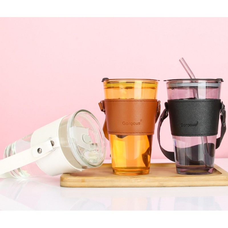 Kubek z kolorowego szkła na Kawę Herbatę ze słomką i zamknięciem 450 ML CUP09BR - obrazek 7