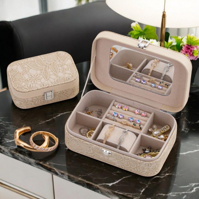 Szkatułka na biżuterię, etui, organizer, pudełko kremowa koronka PD157K - obrazek 4