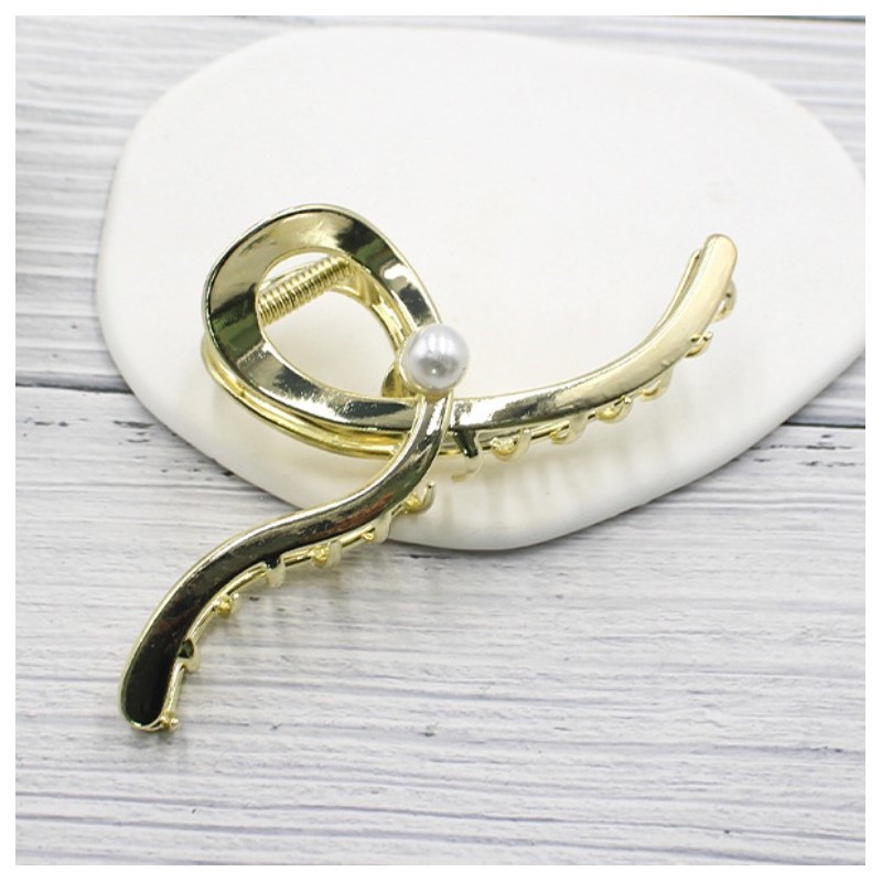 Spinka klamra do włosów XL metalowa złota z perłą 12,5 cm SP377 - obrazek 4