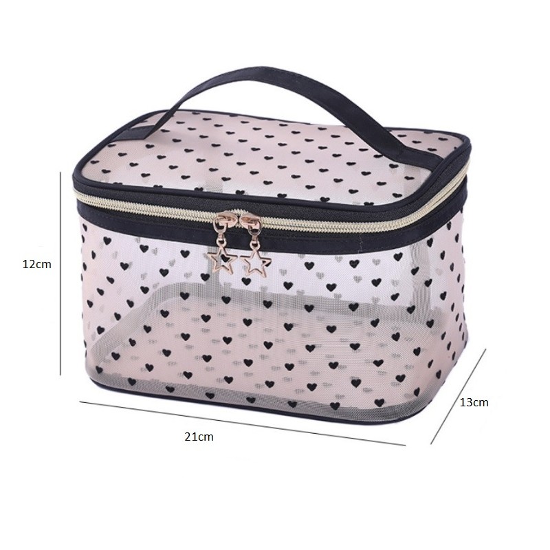 Kosmetyczka damska kuferek transparentna czarne serca 12x21x13cm KS125 - obrazek 5