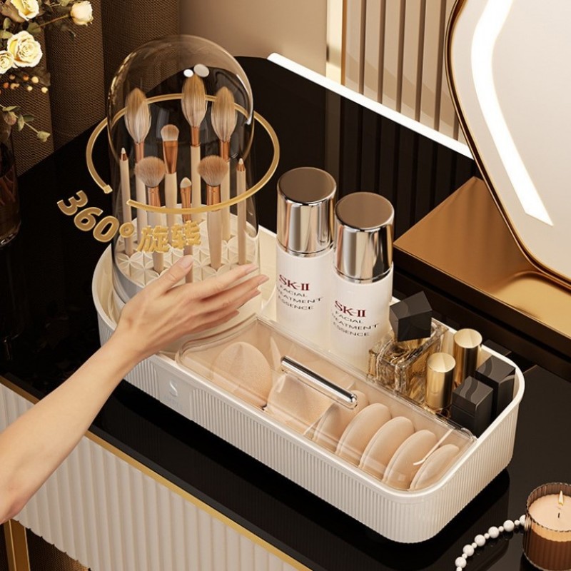 Organizer na pędzle, kosmetyki, ryflowany obrotowy kremowy 33,5x28x14 cm CB69 - obrazek 3