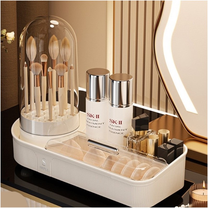 Organizer na pędzle, kosmetyki, ryflowany obrotowy kremowy 33,5x28x14 cm CB69 - obrazek 4