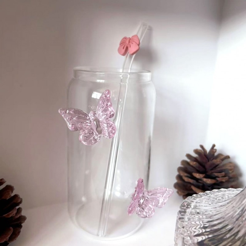 Szklanka wysoka ze słomką, MOTYLKI róż 500 ml, 1 szt- SZK163 - obrazek 6