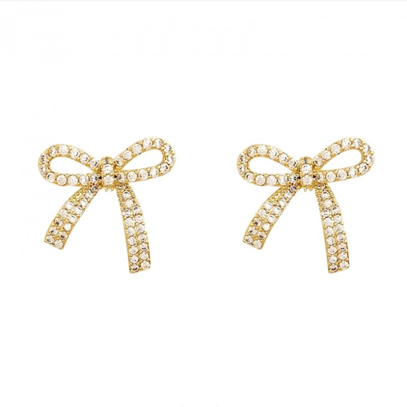 Kolczyki KOKARDKI ze stali szlachetnej pozłacanej 14k złotem z cyrkoniami, sztyft S925 KST3329 - obrazek 5