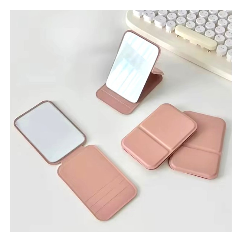 Lusterko kosmetyczne z ekoskóry, otwierane, stojące, do torebki różowe L17R - obrazek 3