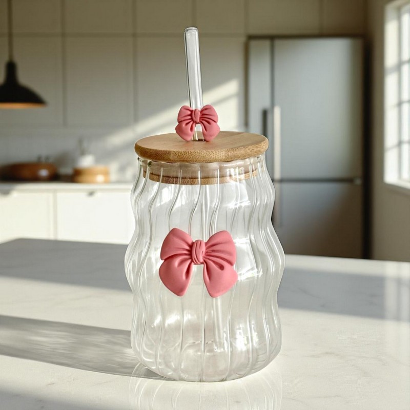 Szklanka z falowanymi ściankami KOKARDA 450 ml ze słomką i pokrywką SZK183 - obrazek 3