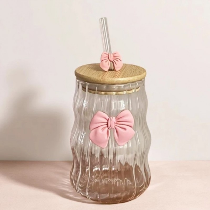 Szklanka z falowanymi ściankami KOKARDA 450 ml ze słomką i pokrywką SZK183 - obrazek 4