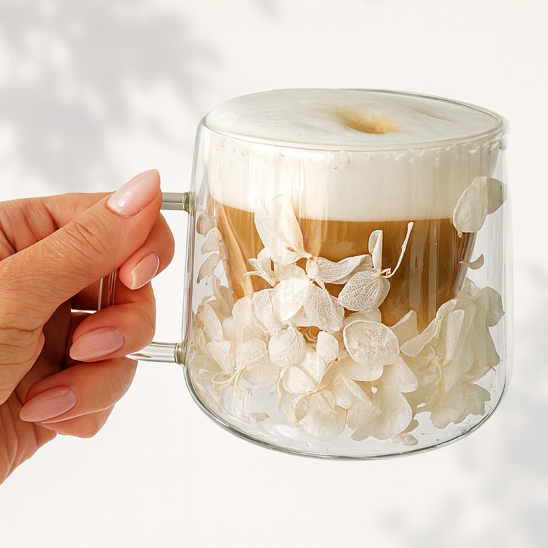 Szklanka termiczna z białymi kwiatami w środku, hortensje 180 ml 1szt - SZK186 - obrazek 3