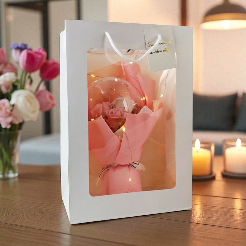 Bukiet zapachowych kwiatów mydlanych w torebce na prezent, kula, świecące LED - BUK14R - obrazek 4