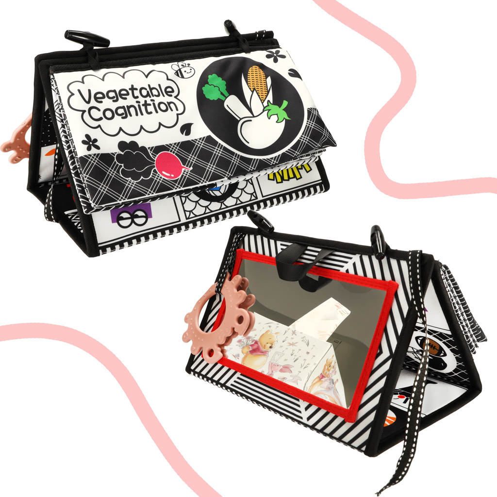 Książeczka mata sensoryczna kontrastowa do łóżeczka lusterko gryzak - obrazek 3