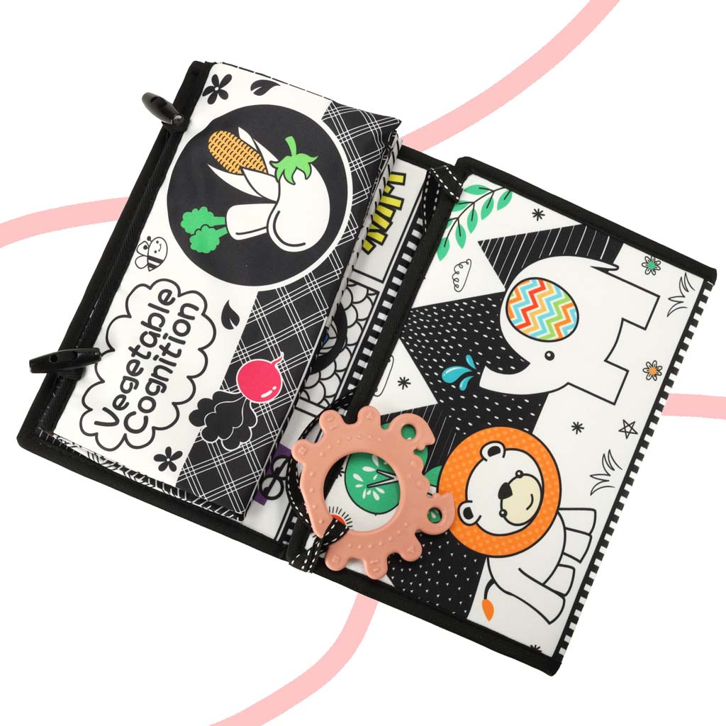 Książeczka mata sensoryczna kontrastowa do łóżeczka lusterko gryzak - obrazek 7