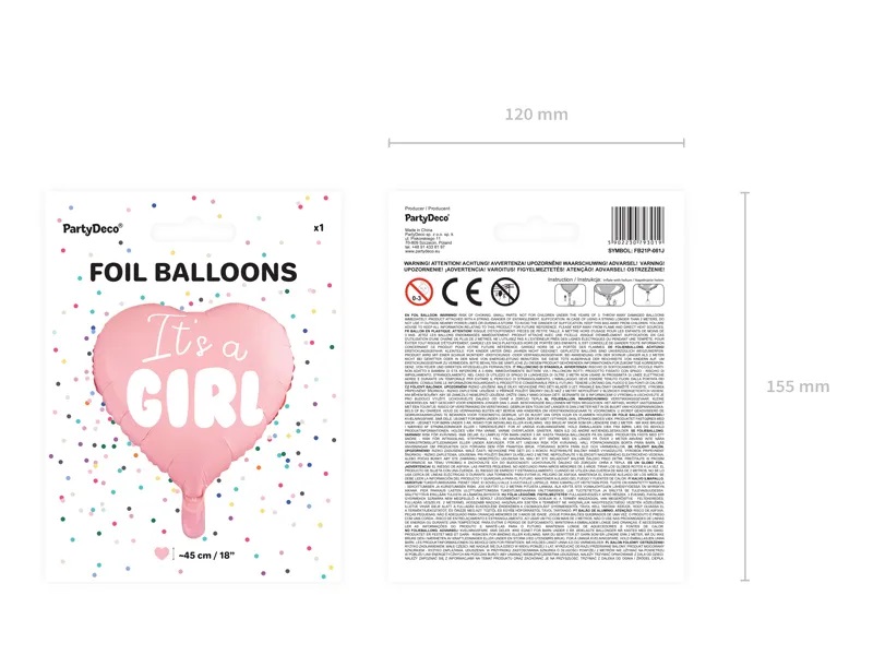 Balon foliowy "It's a girl" na baby shower serce różowe 48cm - obrazek 3