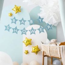 Baner napis na baby shower gwiazdki jasnoniebieskie 290cm x 16,5cm