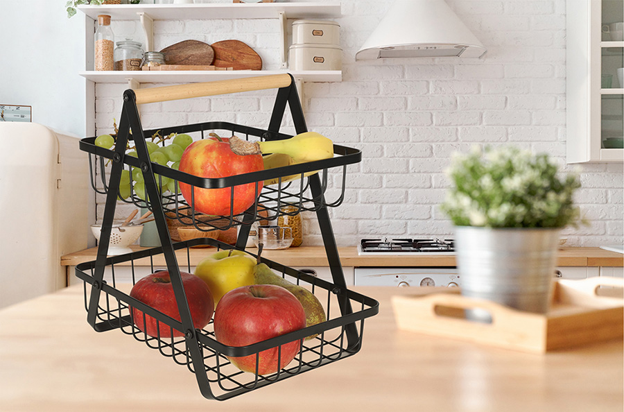 Kosz miska na owoce dwupoziomowy piętrowy metal drewno - obrazek 6