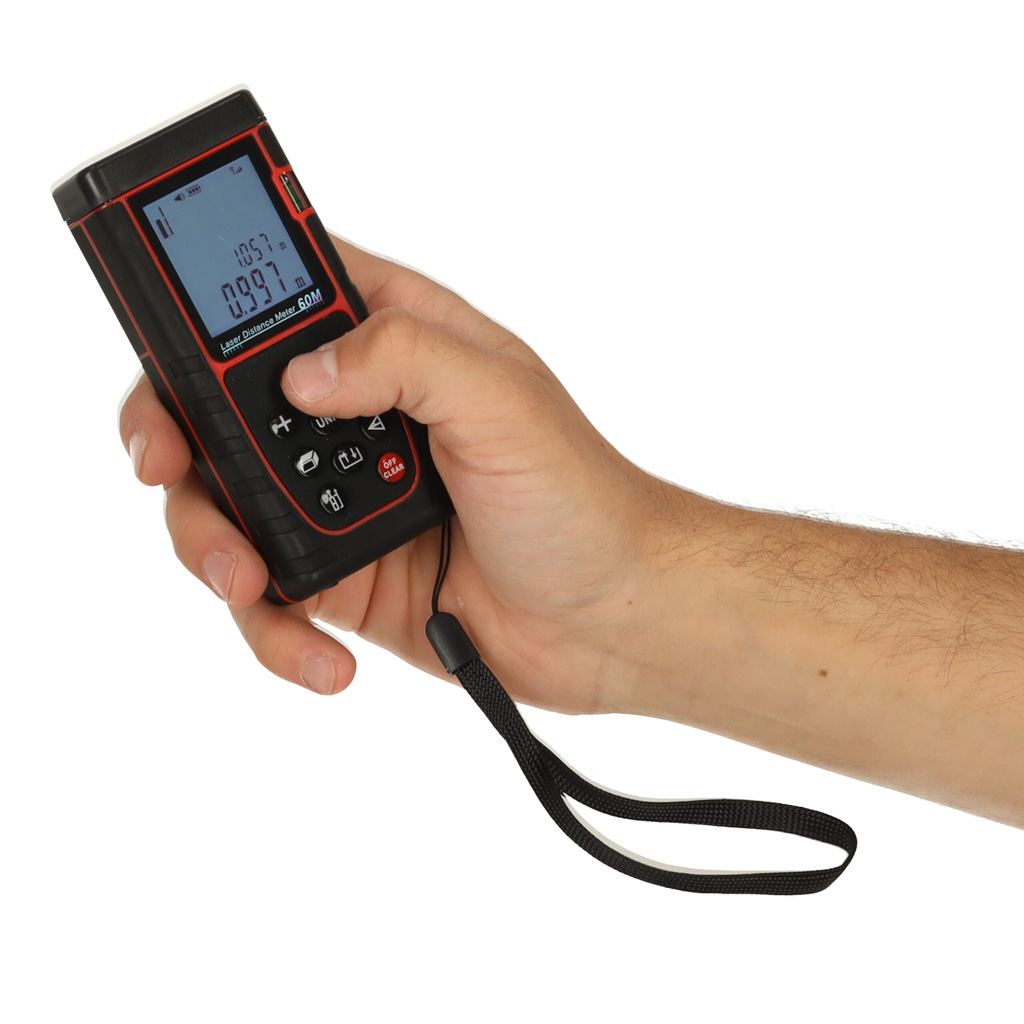 Dalmierz laserowy miernik odległości cyfrowy wodoodporny IP54 3mm/60m pokrowiec zasilanie bateryjne KAFUWELL - obrazek 6