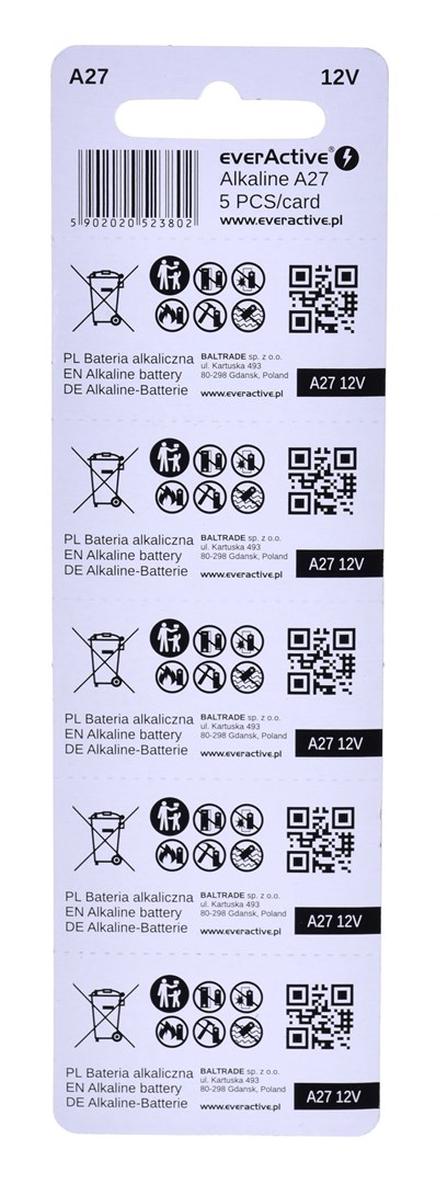 EVERACTIVE BATERIE ALKALICZNE 27A 12V, BLISTER 5 SZT. 27A5BL - obrazek 3