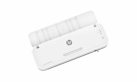 HP Laminator ONELAM 400 A3, na zimno/gorąco, zintegrowany trymer, zaokrąglacz rogów, prędkość 40cm/min + 15 folii: 3xA4, 4xA5, 4xA6, 4xB-CARD, biały - obrazek 4
