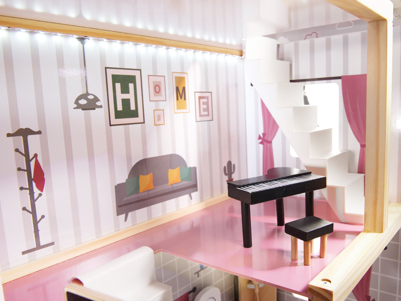 Domek dla lalek drewniany MDF mebelki 78cm czarny LED - obrazek 8