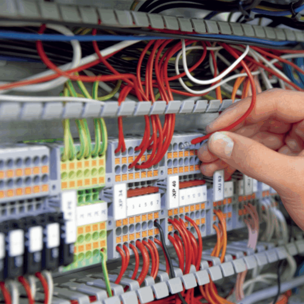 Ręka podłączająca przewody w panelu sterującym z elementami elektronicznymi i elektrycznymi.