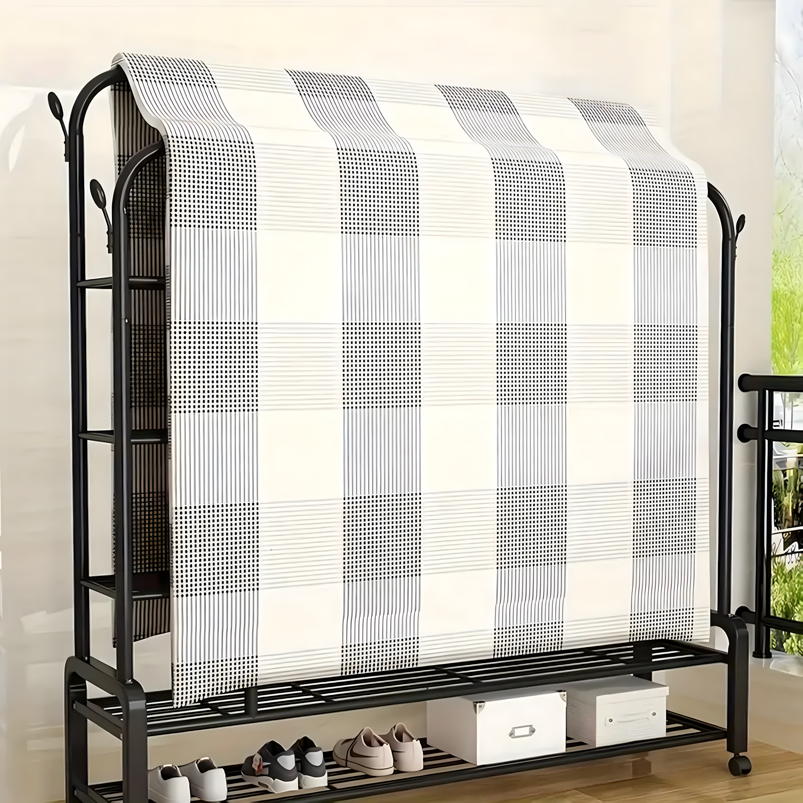 Wieszak Podwójny Wielofunkcyjny Wolnostojący na Ubrania Buty z Kółkami