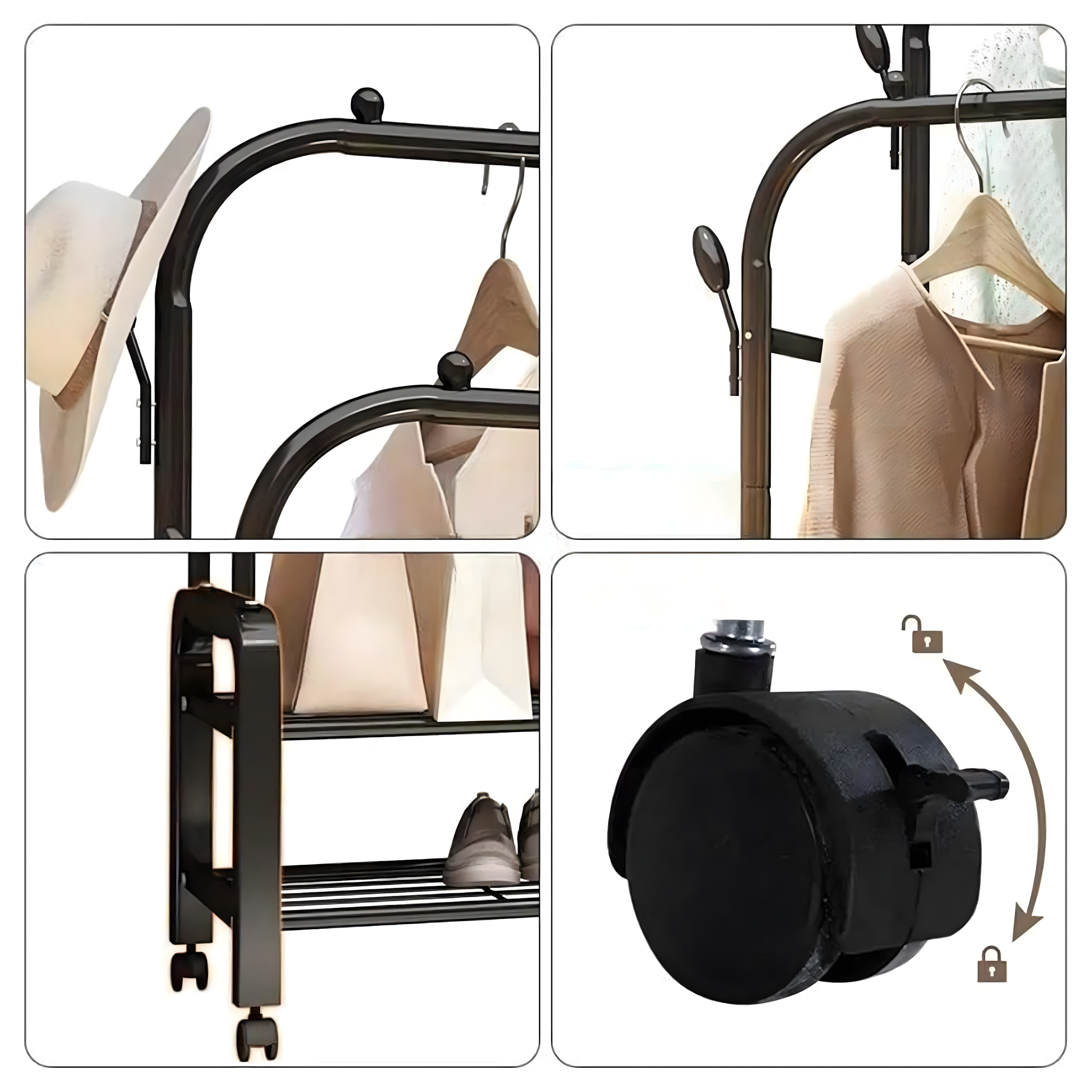 Wieszak Podwójny Wielofunkcyjny Wolnostojący na Ubrania Buty z Kółkami - obrazek 3