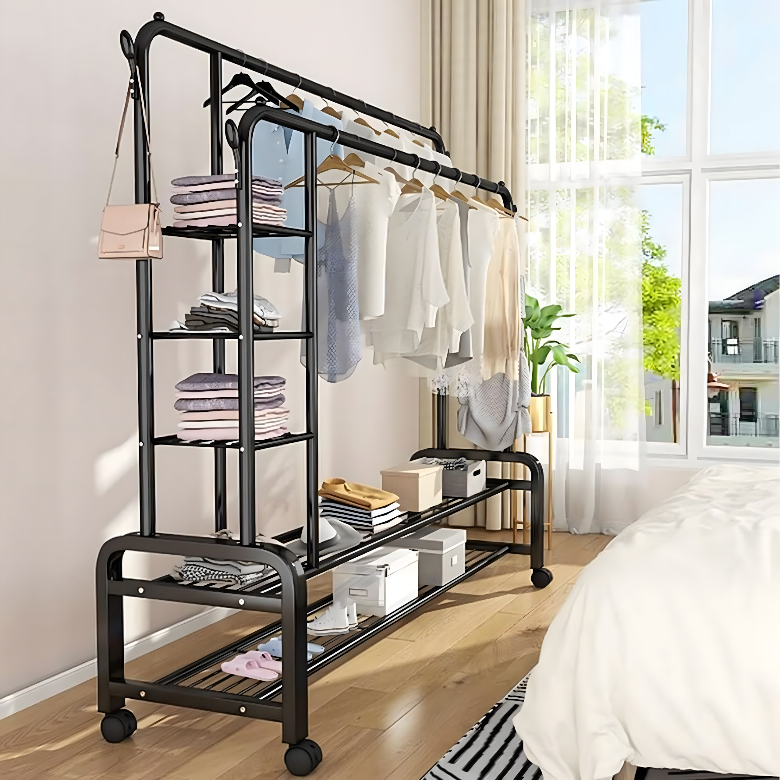 Wieszak Podwójny Wielofunkcyjny Wolnostojący na Ubrania Buty z Kółkami - obrazek 4