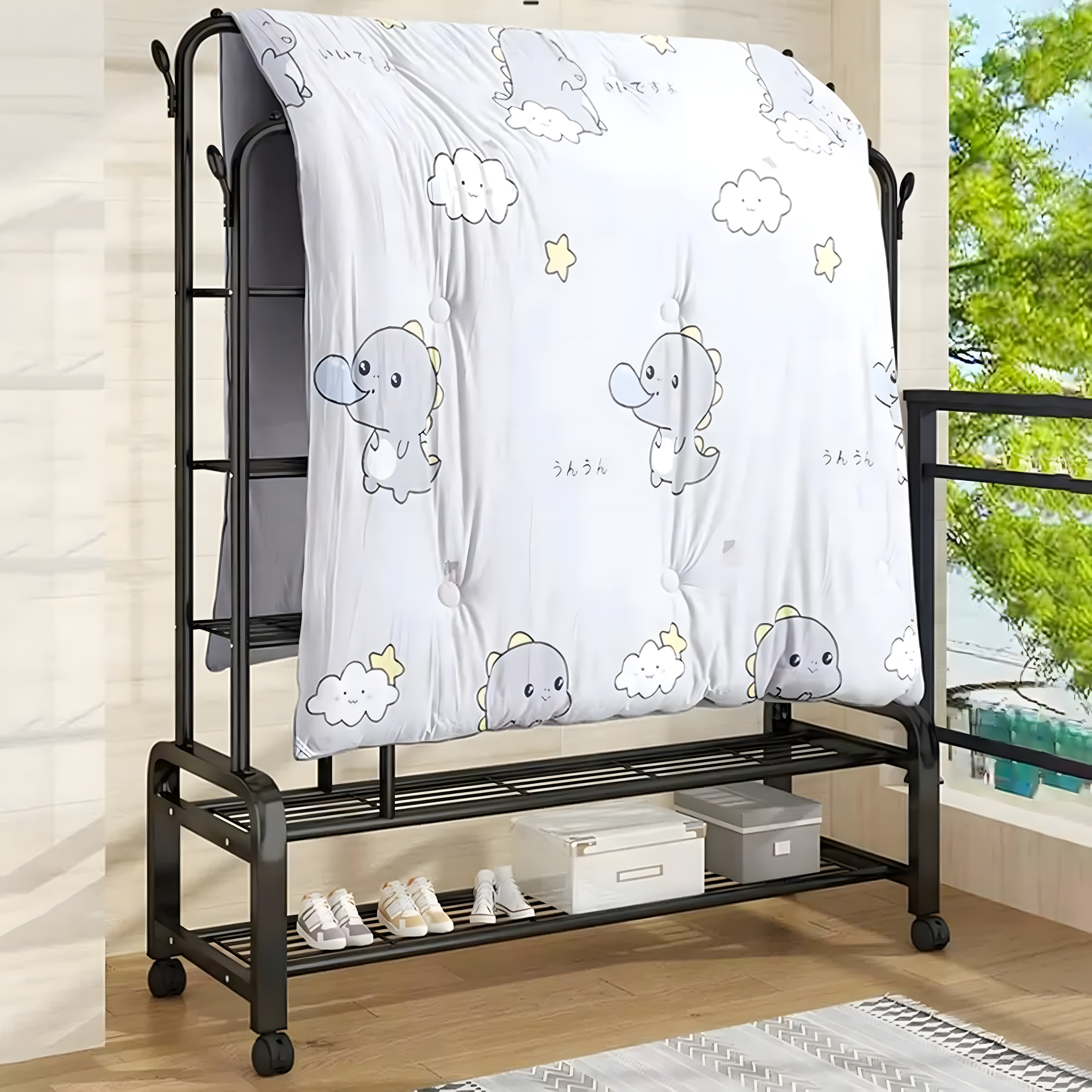 Wieszak Podwójny Wielofunkcyjny Wolnostojący na Ubrania Buty z Kółkami - obrazek 6