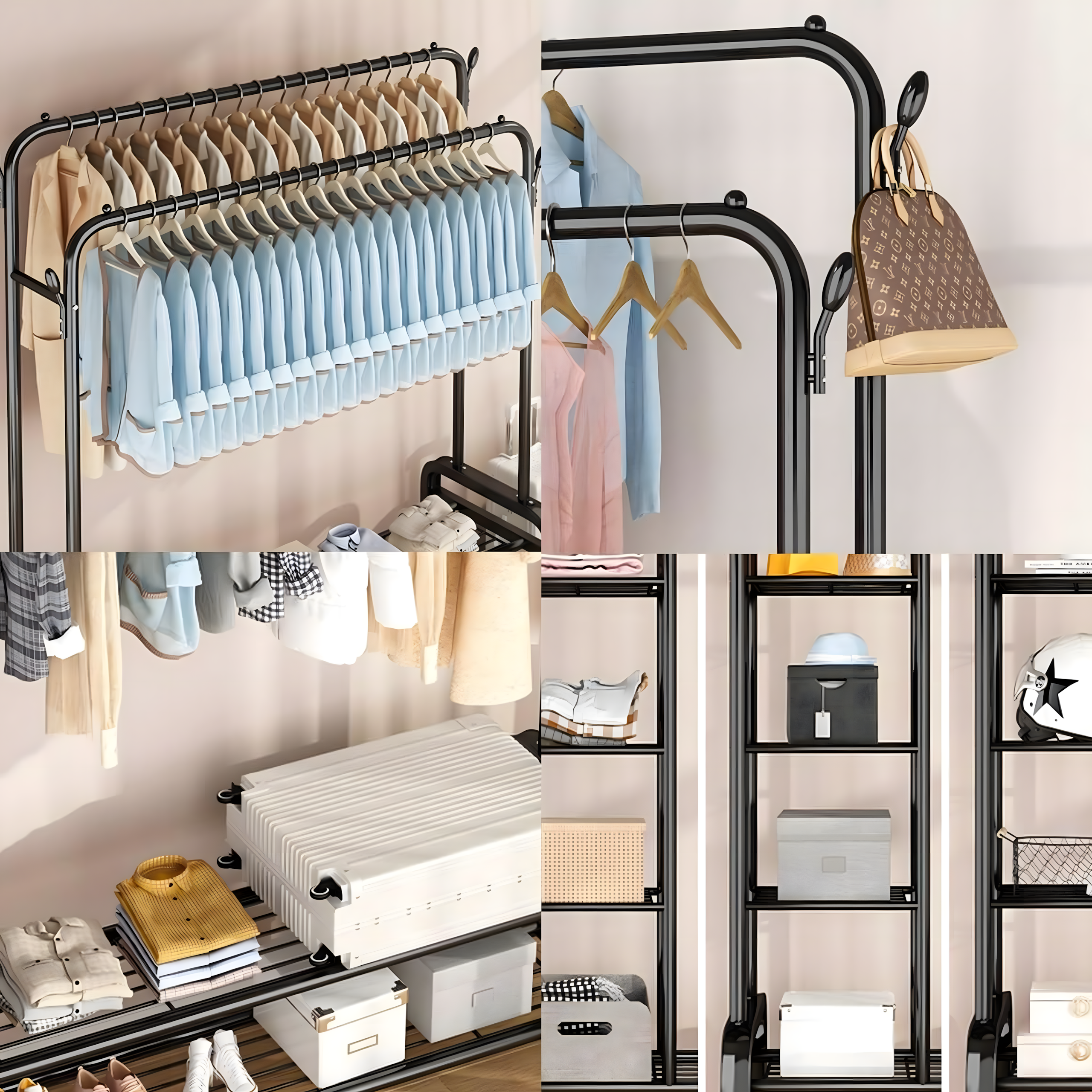 Wieszak Podwójny Wielofunkcyjny Wolnostojący na Ubrania Buty z Kółkami - obrazek 7