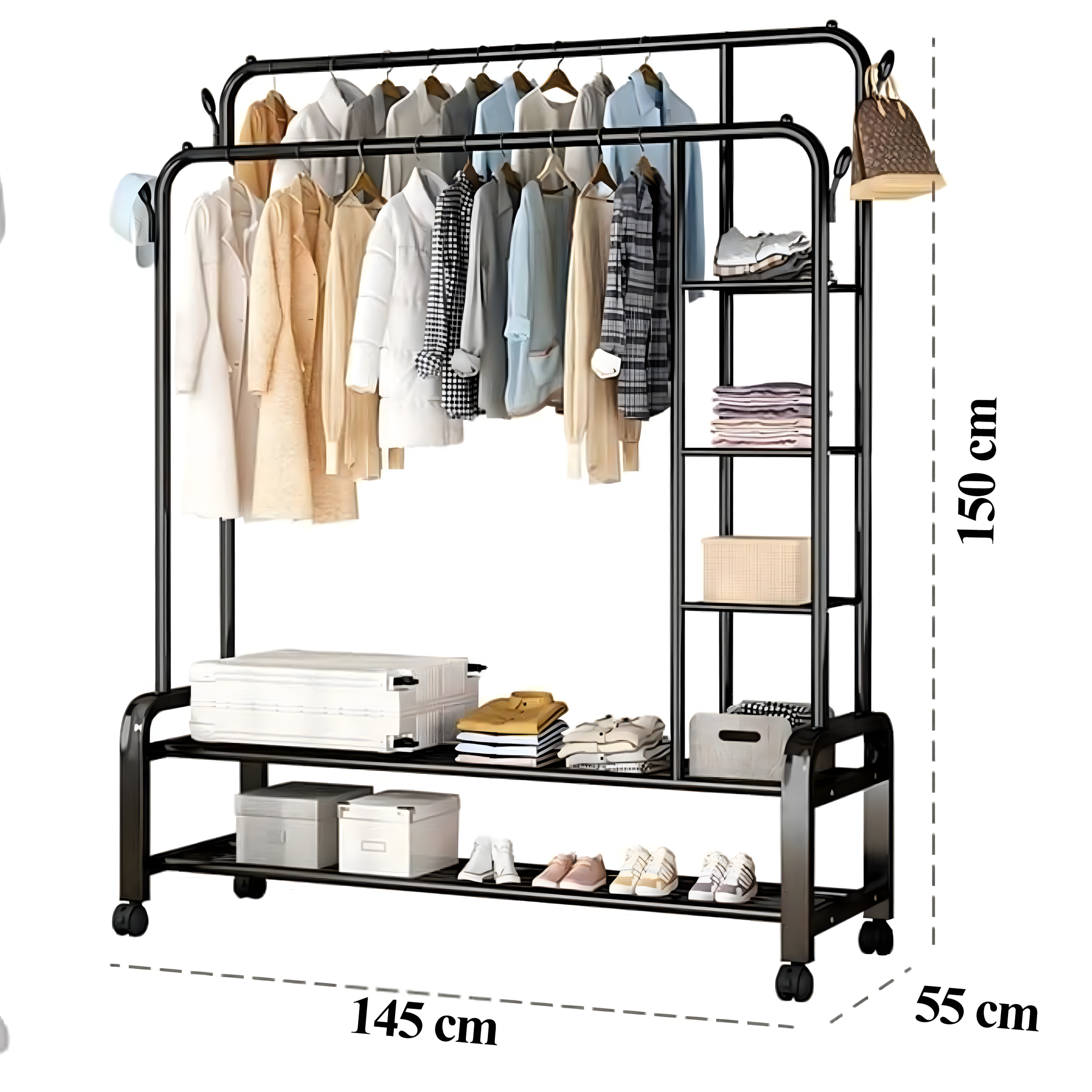 Wieszak Podwójny Wielofunkcyjny Wolnostojący na Ubrania Buty z Kółkami - obrazek 8
